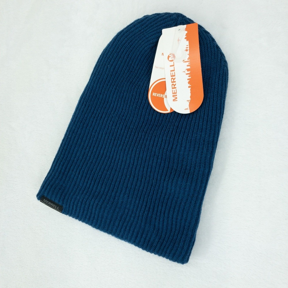 Merrell Campee Beanie Womens OS Nautical Blue Reversible Ribbed Knit Hat